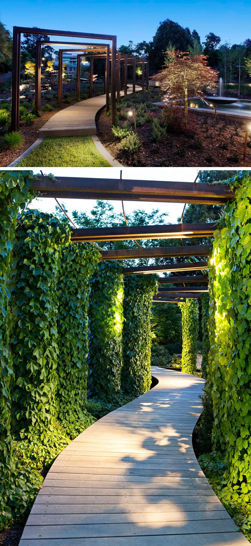 This Modern Wood Pathway Is Surrounded By Ivy Covered Arches And Lit Up ... with regard to Walkway Design