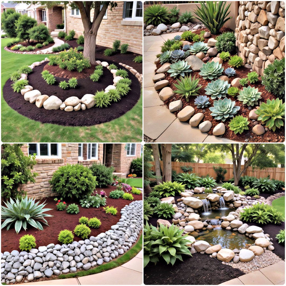 Front Yard Landscape Design Ideas With Rocks For Natural Beauty And Low ... inside Landscape Ideas With Rocks And Mulch
