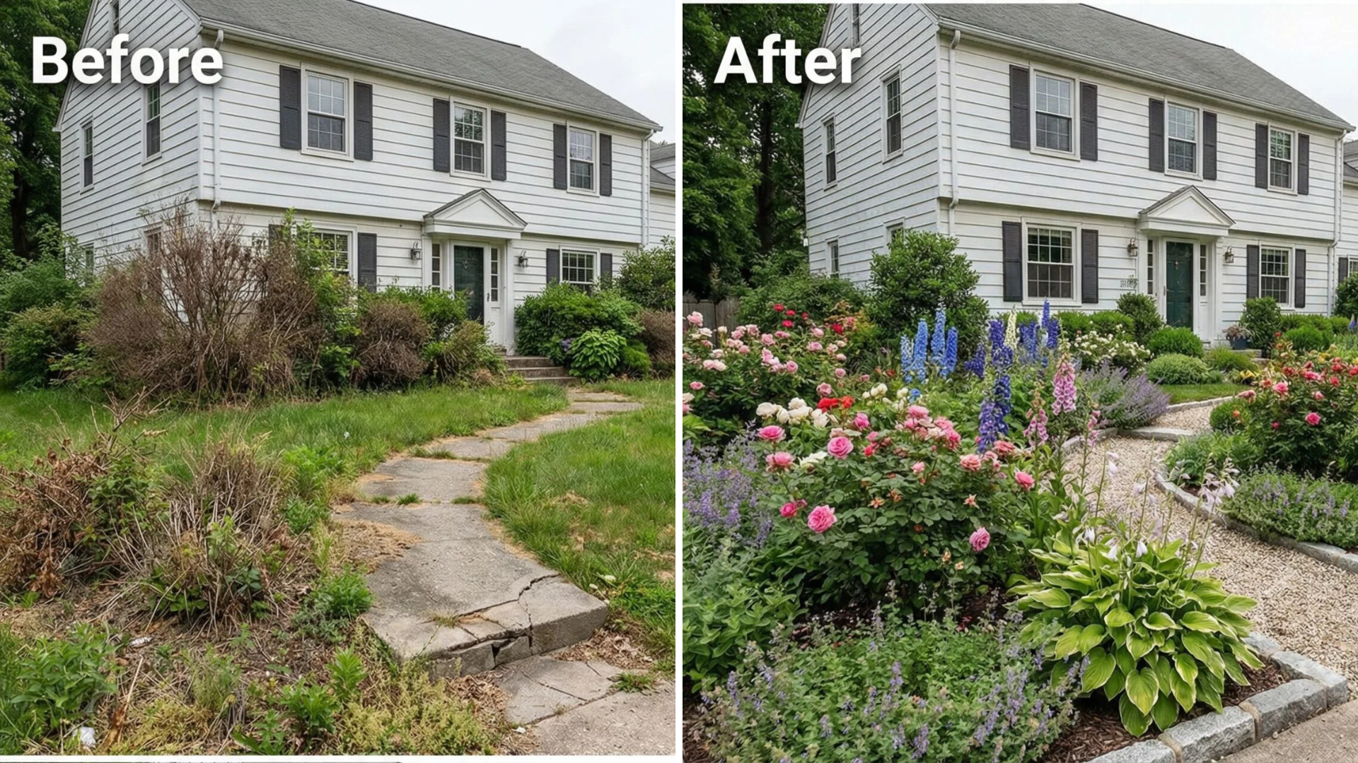 24 Genius Before And After Front Yard Makeovers From Ugly Overgrown To ... in Landscaping Before And After Budget Makeover