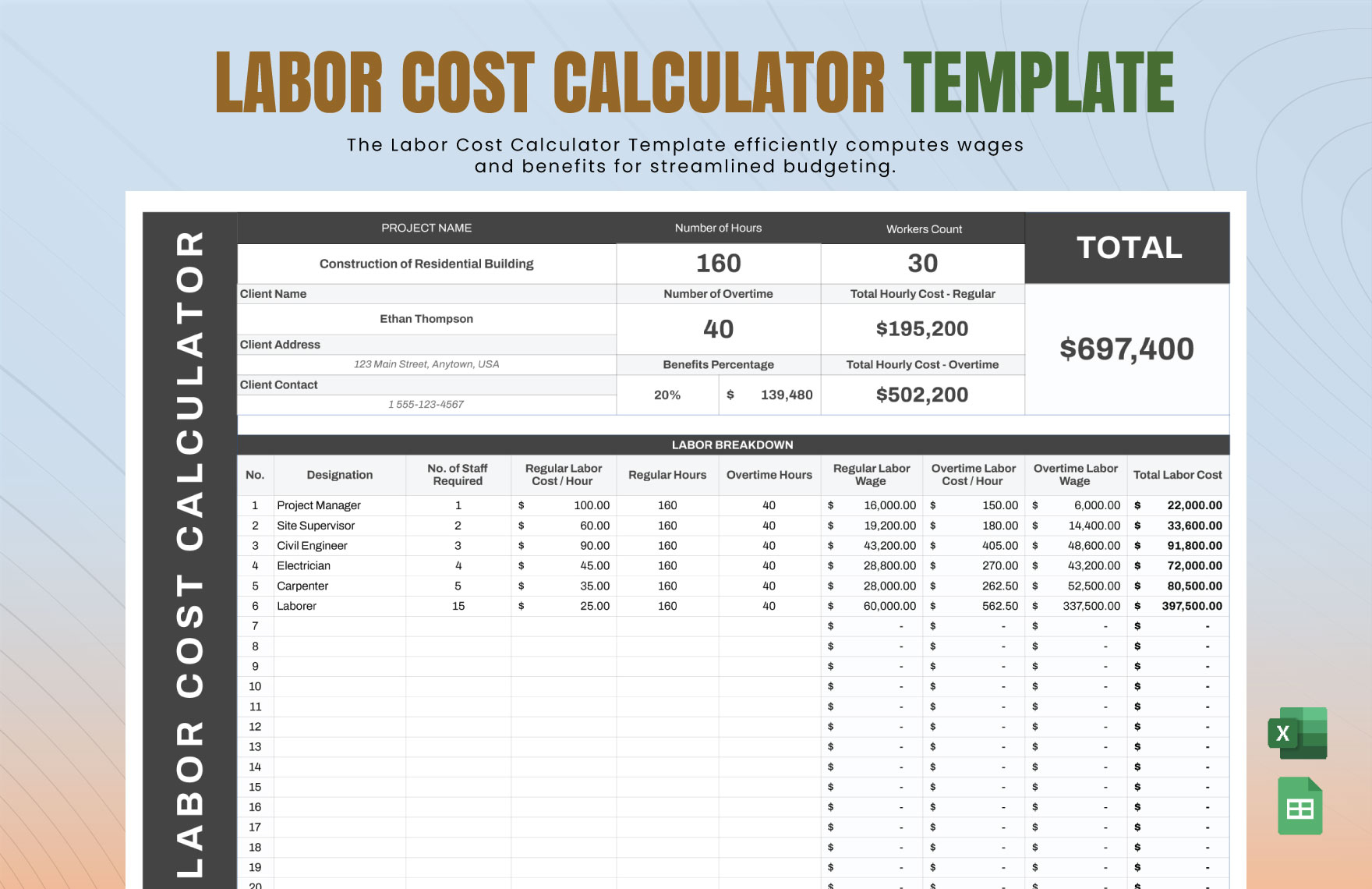 Labor Cost Calculator Template In Excel, Google Sheets - Download ... with How to Map Out Your Backyard Expenses Without Getting Blindsided by Labor Fees