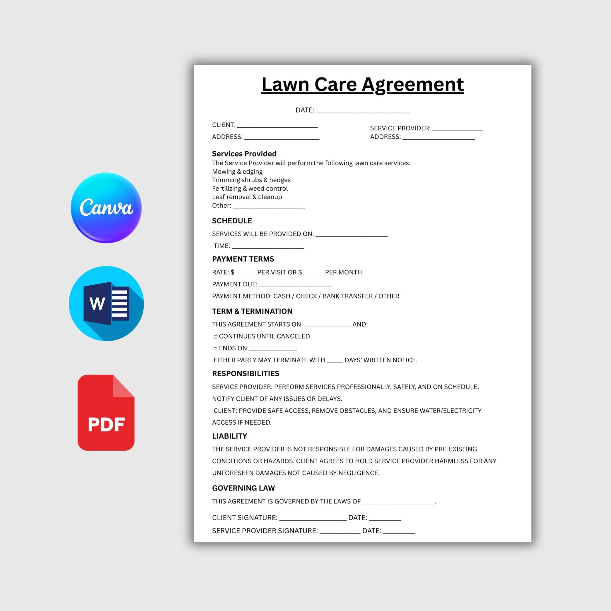 Editable Lawn Care Agreement, One Page Landscaping Contract, Printable ... with regard to Landscaping Contract What To Look For