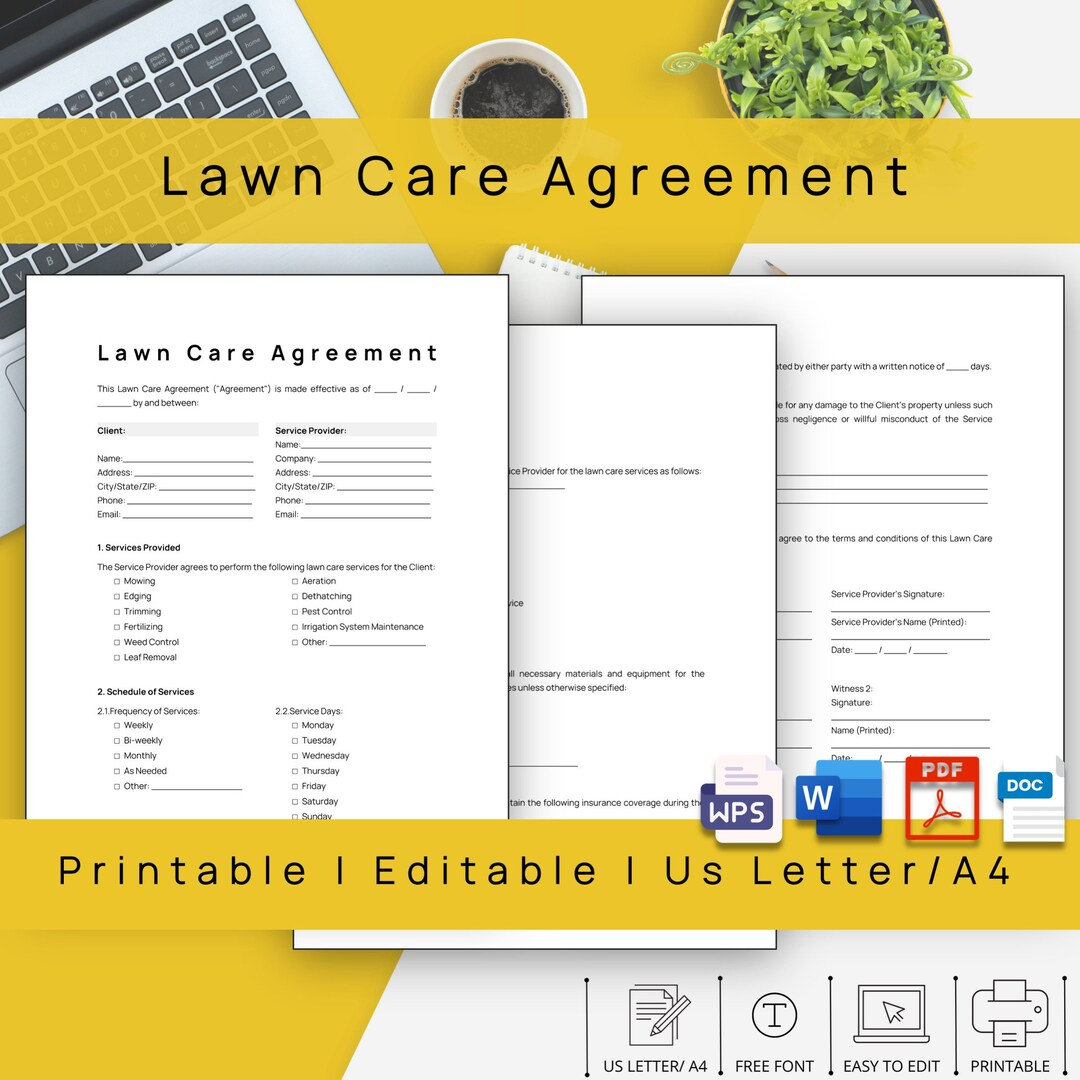 Editable Lawn Care Agreement Template, Printable Lawn Service Contract ... with regard to Understanding your rights and responsibilities through a well drafted yard care agreement
