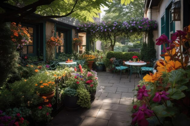 Premium Ai Image | An Outdoor Patio Surrounded By Lush Foliage And ... inside Container Garden Landscaping Ideas Patio