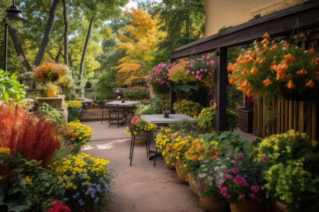 Premium Ai Image | An Outdoor Patio Surrounded By Lush Foliage And ... inside Container Garden Landscaping Ideas Patio