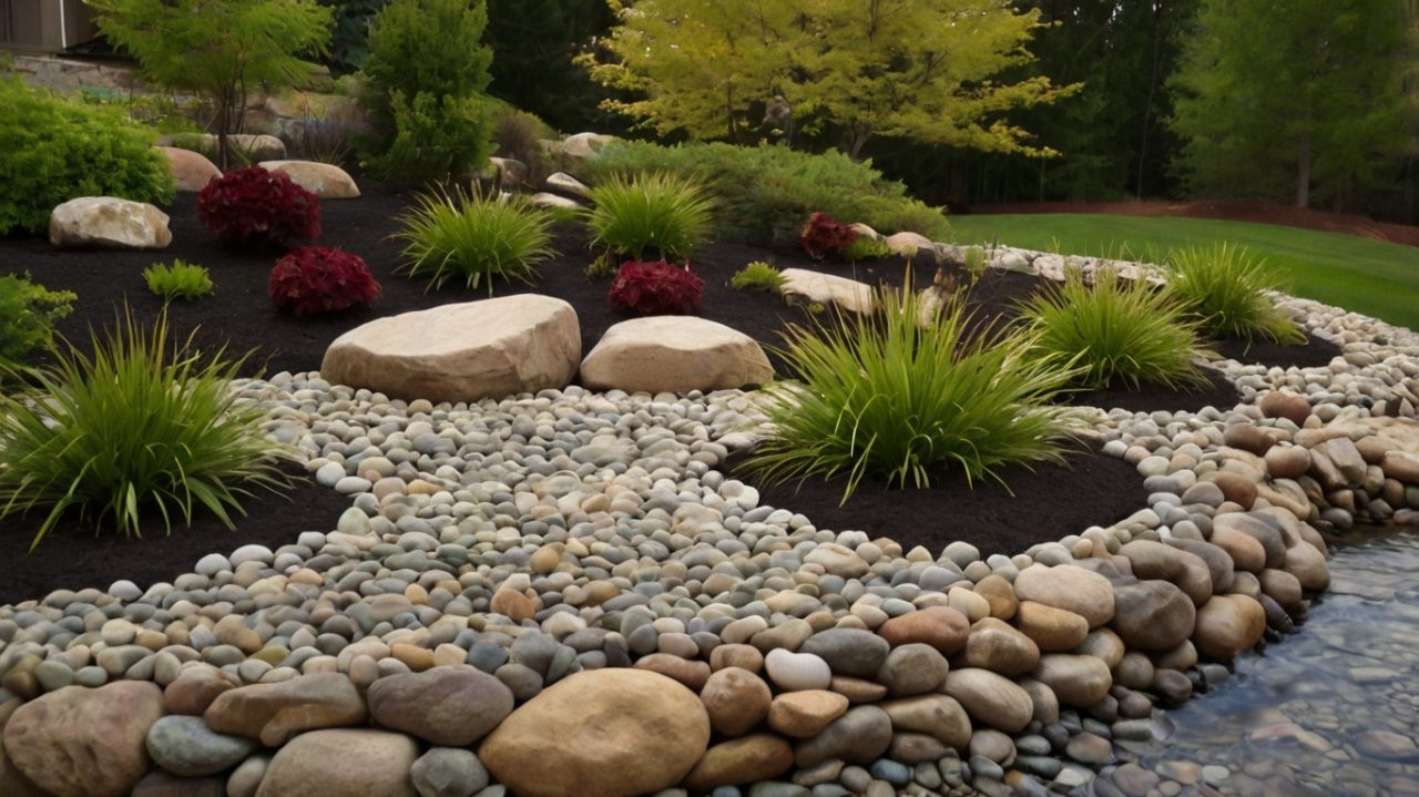 Creative Landscape Designs Using River Rock And Mulch For Natural Beauty regarding How To Keep Mulch From Washing Away
